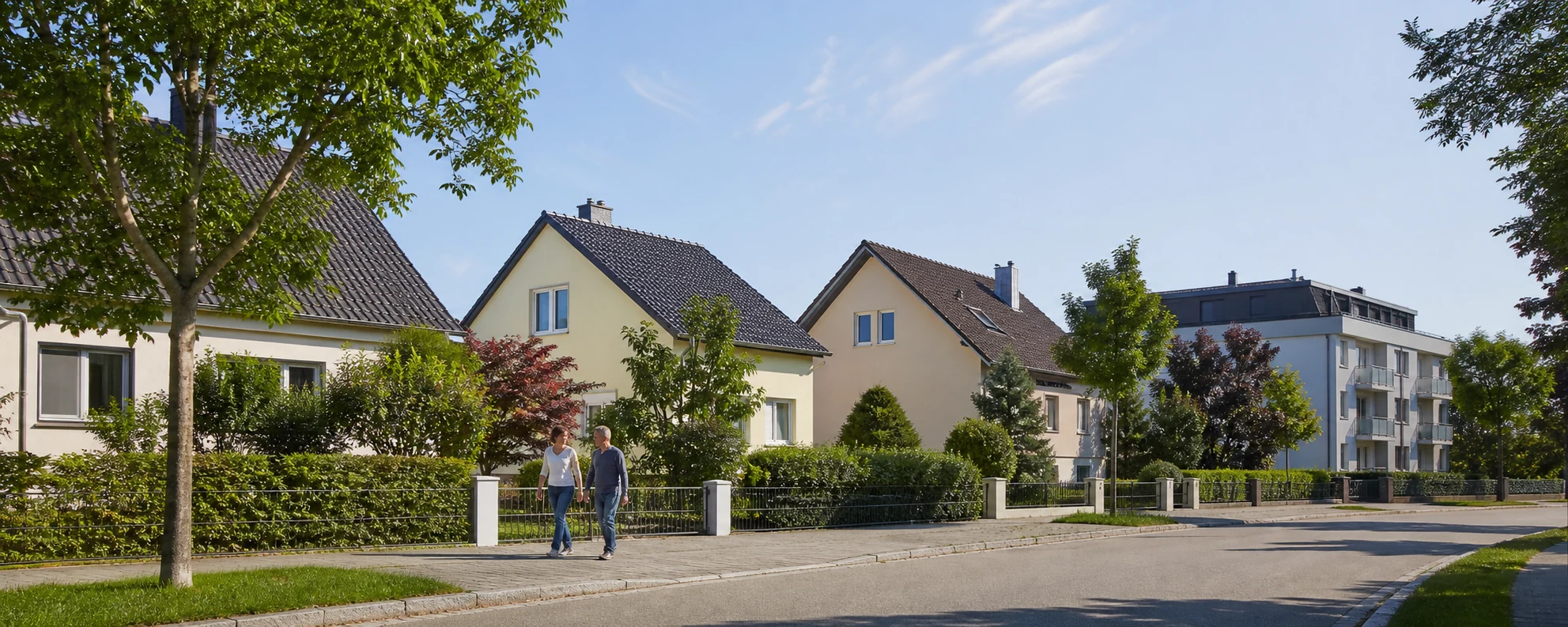 Helle mitteleuropäische Wohnstraße mit gepflegten Häusern und zwei Spaziergängern