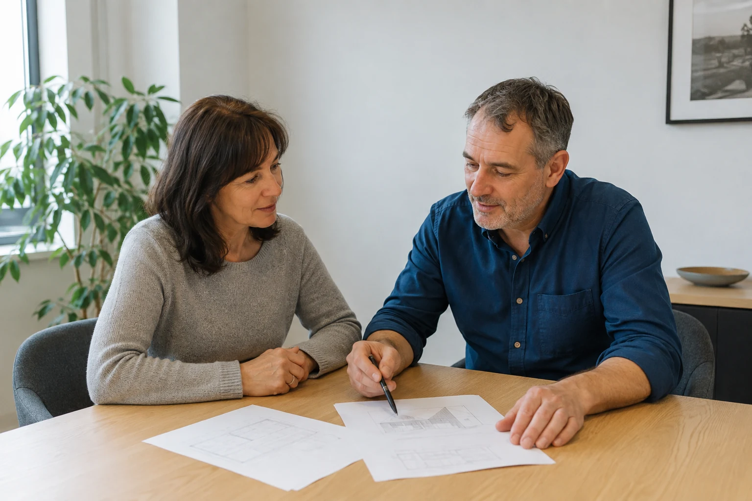 Zwei berufserfahrene Menschen sprechen an einem Tisch über eine mögliche Mitarbeit bei Immobilienkontakten