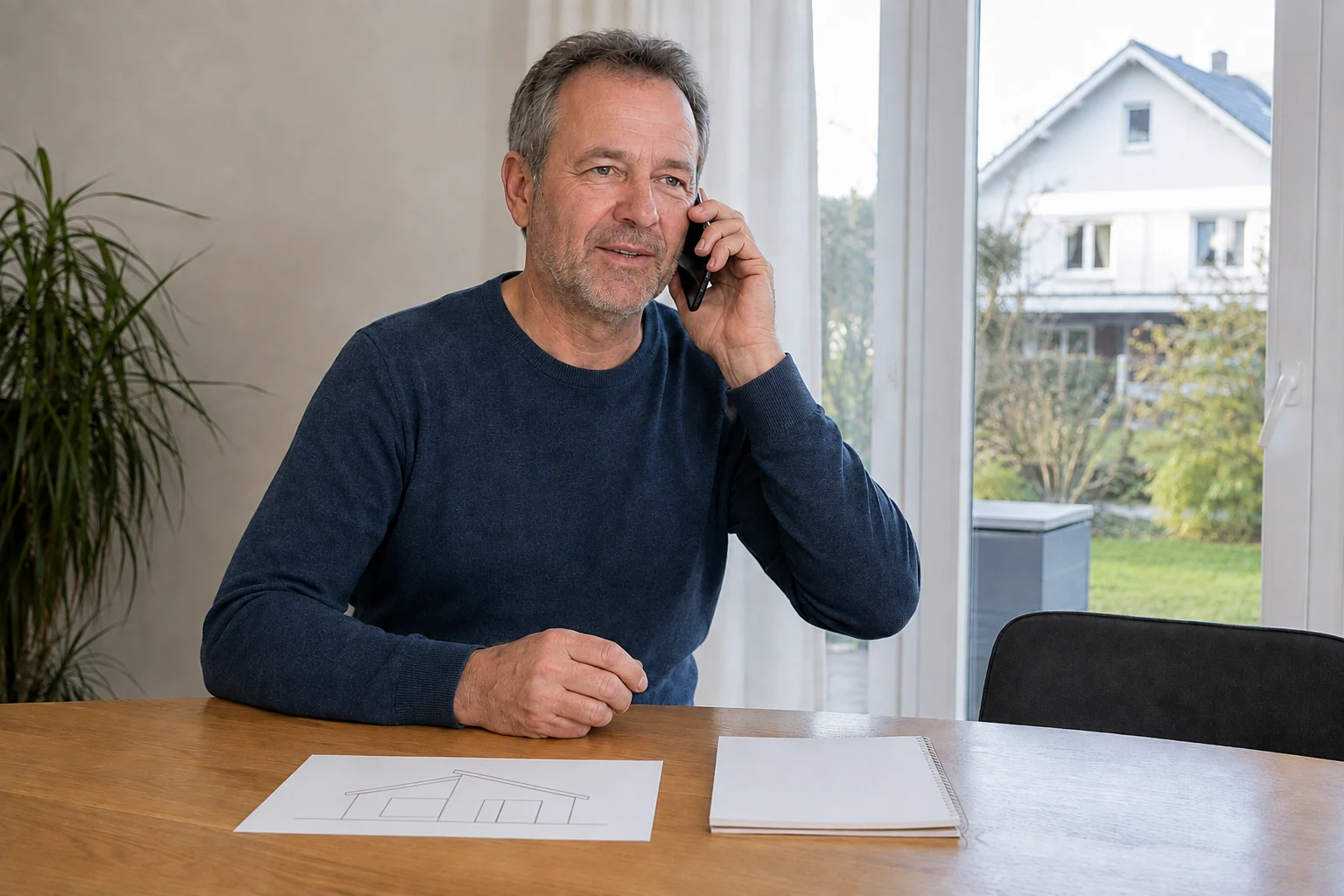Mann spricht telefonisch über ein Wohnhaus und betrachtet dabei einen einfachen Gebäudeplan